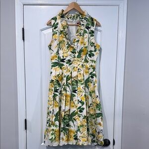 🔵 Jessica Howard Floral Sleeveless Pleated Flare Dress in Yellow and Green Sz 10